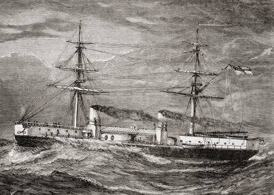 HMS Inflexible, Invincible Class Cruzador de Batalha da Marinha Real Britânica, ilustração de &39;Our Own Magazine&39;, publicada pela Missão de Serviço Especial para Crianças, 1885 de English School