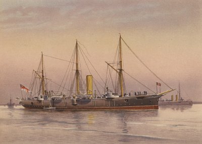 HMS Mohawk, cruzador de 3ª classe (litografia a cores) de English School