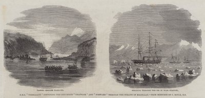 HMS "Termagant" que convoca as Pistolas-Boats "Grappler" e "Forward" através do Estreito de Magalhães (gravura) de English School