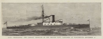 HMS "Trafalgar", o maior Ironclad da Marinha Britânica, lançado em Portsmouth a 20 de Setembro (gravação) de English School