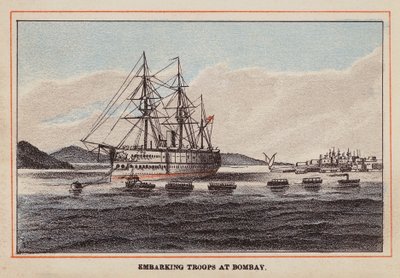 Navio de tropas indiano HM: Embarque de tropas em Bombaim (gravura a cores) de English School
