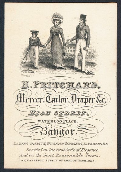 H Pritchard, mercer, alfaiate e draper, cartão de comércio de English School