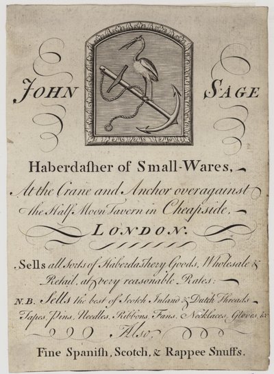 Haberdashers, John Sage, cartão comercial de English School
