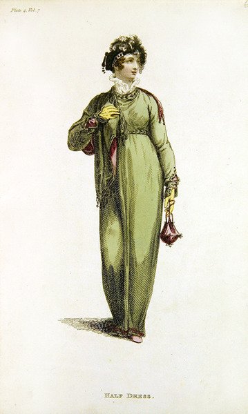 Meio vestido, placa de moda do Repositório de Artes da Ackermann (gravação colorida) de English School
