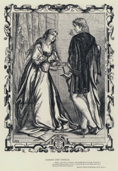 Hamlet e Ofélia, Hamlet, Príncipe da Dinamarca, Acto iii, Cena 1 (gravura) de English School