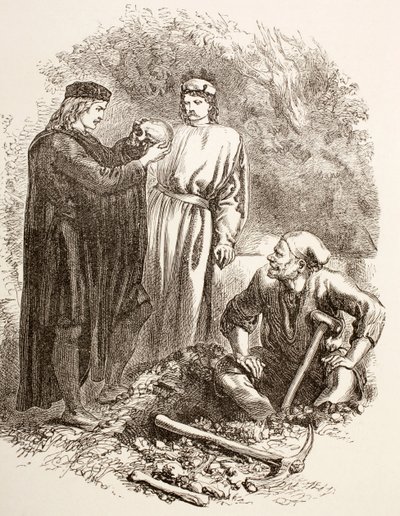 Hamlet segura o crânio de Yorick, ilustração do Ato V, Cena I em Hamlet, de &39;The Illustrated Library Shakespeare&39;, publicado em Londres, 1890 de English School