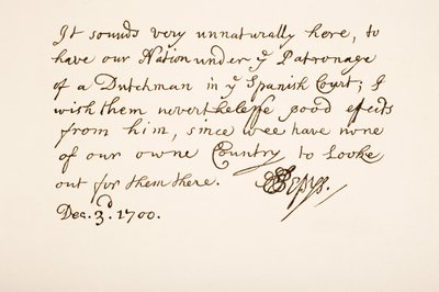 Escrita e assinatura de Samuel Pepys, 1700 de English School