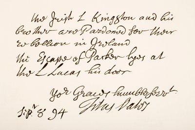 Escrita e assinatura de Titus Oates, 1694 de English School