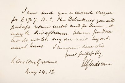 Escrita e assinatura de William Eward Gladstone, 1852 de English School