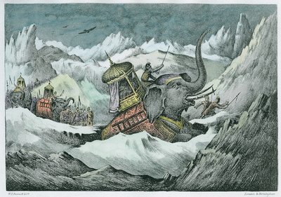 Aníbal (247-c. 1983 aC) e seus elefantes de guerra cruzando os Alpes (posteriormente coloração) de English School