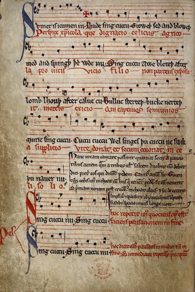 Harl 978 fol.11v Sumer é icúmen in, do Canon de Verão (Reading Rota) (vellum) de English School