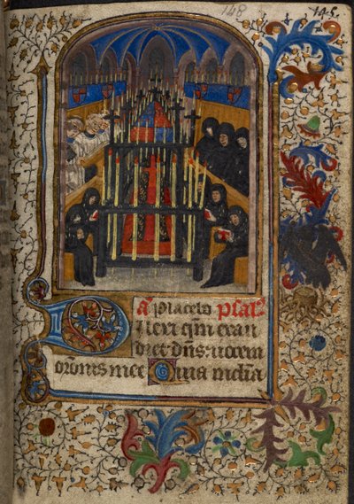 Harley 1251, fol.148 Um serviço fúnebre com o caixão coberto pelos braços de John, Duque de Bedford, das "Horas de Eleanor Worcester", c.1430-40 (vellum) de English School