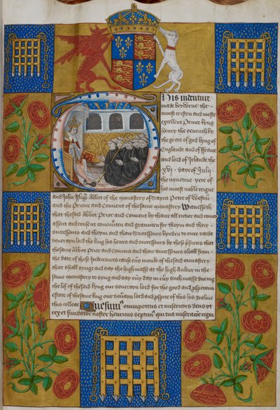 Harley 1498, f.1 Henrique VII apresentando a escritura a John Islip, abade da Abadia de Westminster, Escrituras da Abadia de Westminster (velino) de English School