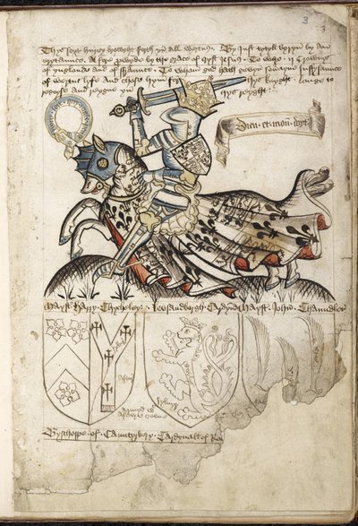 Harley 2169 f. 3 Henrique VI a cavalo, brasões no tempo de Henrique VI (velino) de English School