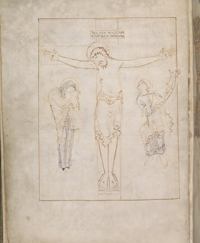Harley 2904, f.3v, A Crucificação; com a Virgem, e São João inscrevendo o seu testemunho num pergaminho, do Ramsey Psalter, c.900-1000 (vellum) de English School