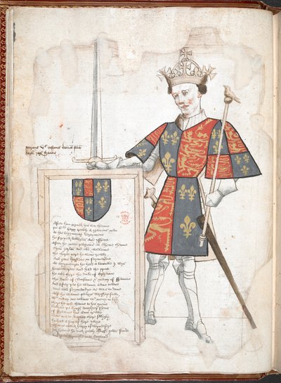 Harley 4205 f.7v Um rei inglês em armadura e tabardo (Henry V) do 