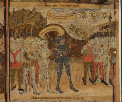 Harley 7353 Batalha da Cruz de Mortimer, Edward de York, encorajado por uma visão de três sóis juntando-se para formar um, derrota os Lancastrianos na Batalha da Cruz de Mortimer em 1461, ilustração da 