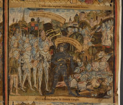 Harley 7353 Eduardo de York lidera o seu exército em batalha, ilustração da "Vida de Eduardo IV" (vellum) de English School