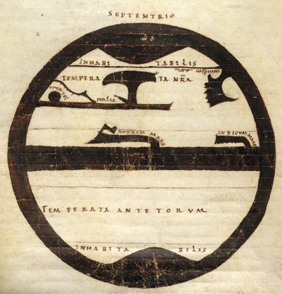 Harley MS 2772 f. 70v, mapa-múndi zonal diagramático, c.1050 (tinta e têmpera em pergaminho) de English School