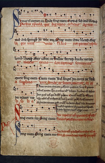 Harley MS 978 f.11v Musical Miscellany, de "Collection of poems including fables and musical, calendrical, and medical texts" (tinta e cor sobre velino) de English School