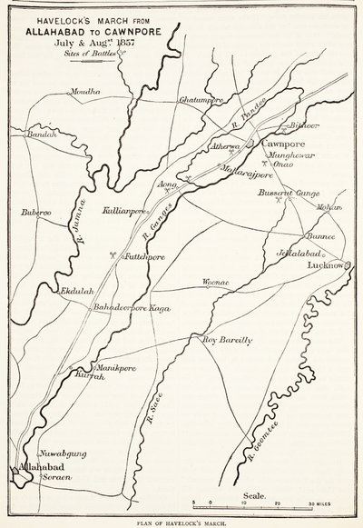 Havelocks March de Allahabad a Cawnpore, julho e agosto de 1857, da Cassells Illustrated History of England de English School