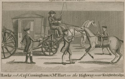 Hawke rouba o Capitão Cunningham e o Sr. Hart na estrada perto de Knightsbridge de English School