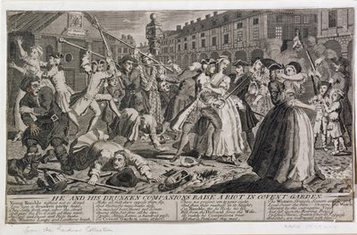 Ele e seus companheiros bêbados criam um tumulto em Covent Garden, 1735 de English School