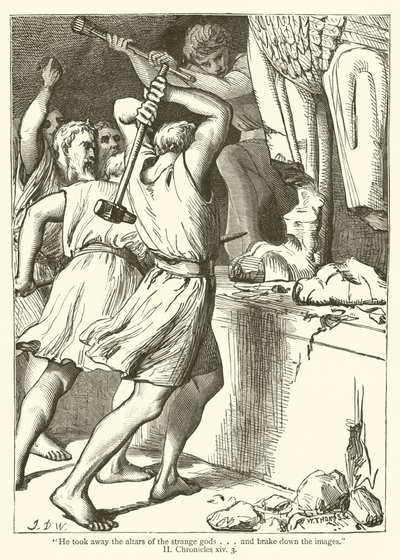 "Ele tirou os altares dos deuses estranhos e freou as imagens", II, Crônicas, xiv, 3 (gravura) de English School