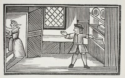 Foi até a despensa e serviu-se do pão com manteiga, ilustração de Chap-books do século XVIII de John Ashton, pub. 1882 de English School