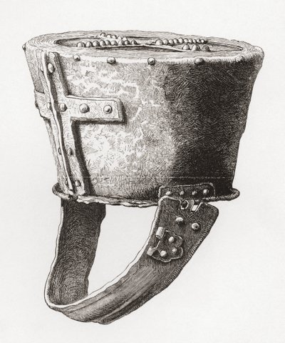 Capacete, do Castelo Pomeroy, Inglaterra, datado do século XII, do Exército Britânico: As suas Origens, Progresso e Equipamento, publicado em 1868. de English School