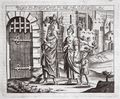 Henricus, o Imperador, com sua esposa e filho esperando, descalça e barrenta, três dias e três noites nos portões de Canusuam, ilustração de Atos e Monumentos de John Foxe, nona edição, de English School
