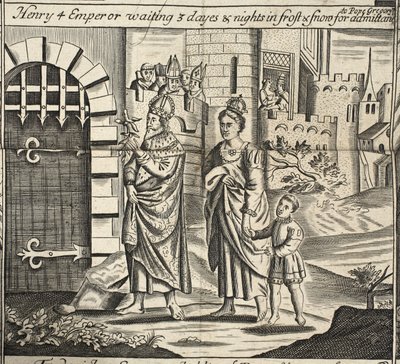 Henrique 4 Imperador espera 3 dias e noites em geada e neve para admissão ao Papa Gregório, ilustração de Atos e Monumentos por John Foxe, nona edição, pub. 1684 de English School