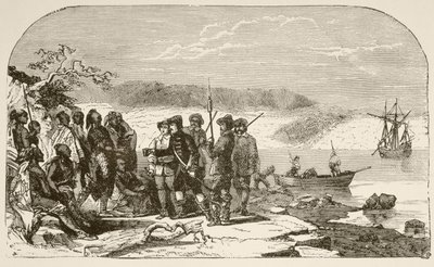 Henry Hudson oferece bebidas alcoólicas aos índios em 1609 (litografia) de English School