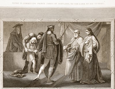 Henrique IV cometeu o príncipe James da Escócia, aos cuidados de seus tutores, ilustração de David Humes A História da Inglaterra, pub. por R. Bowyer, Londres, 1812 de English School