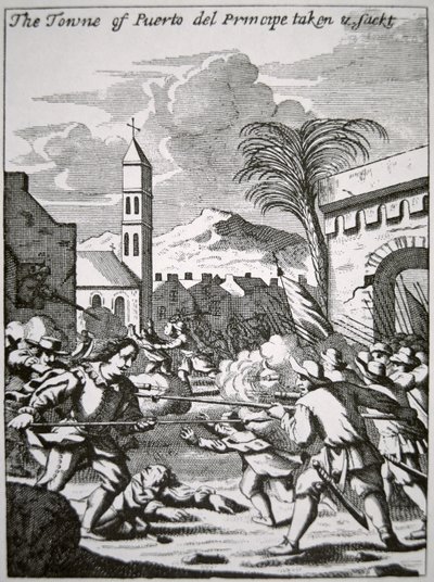 Henry Morgan captura e saca a cidade de Puerto de Principe, Cuba, em 1668, ilustração de 
