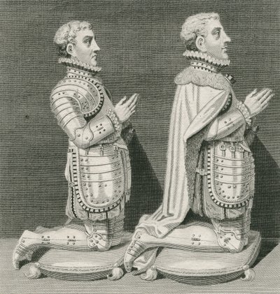 Henry Stuart, Lorde Darnley e seu irmão Charles Stuart, conde de Lennox, ajoelhando-se diante do túmulo de sua mãe na Abadia de Westminster, gravados por Andrew Birrell, 1796 de English School