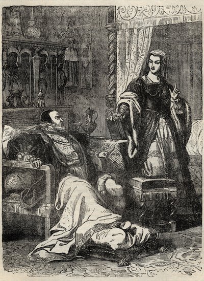 Henrique VIII e a Rainha Catarina Parr (1512-1548) - gravura de "History of England" de Cassell Petter & Galpin de English School