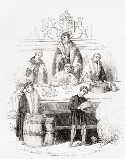 O julgamento de pesos e medidas de Henrique VII no erário público em 1497, da Velha Inglaterra: Um Museu Pictórico, pub. 1847 de English School