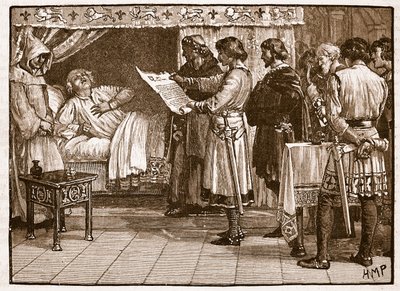 Henry recebendo a notícia da traição de John, ilustração de Cassells Illustrated History of England (foto em sépia) de English School