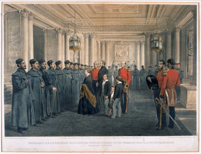 Sua Majestade a Rainha Vitória (1819-1901) e o Príncipe Albert (1819-61), inspecionando os soldados feridos dos Guardas Granadeiros no Palácio de Buckingham, 1855 de English School