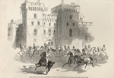 Sua Majestade e seus Ilustres Visitantes e Suítes saindo do Castelo de Windsor para as Corridas de Ascot, de &39;The Illustrated London News&39;, 14 de junho de 1845 de English School