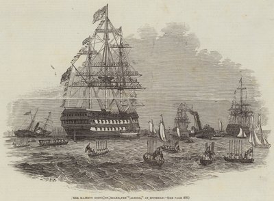 Sua Majestade vai a bordo do "Albion", em Spithead (gravura) de English School