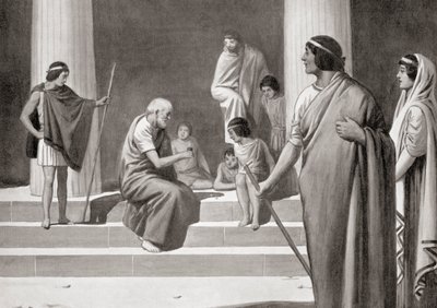 Heraclitus jogando dados com rapazes para mostrar seu desprezo pelas ocupações habituais dos homens, da História das Nações de Hutchinson, pub.1915 de English School