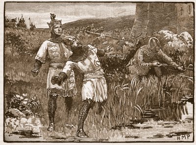 Heroísmo de St. Clair no Cerco do Castelo de Bridgnorth, ilustração da História Ilustrada de Cassells da Inglaterra (foto sépia) de English School