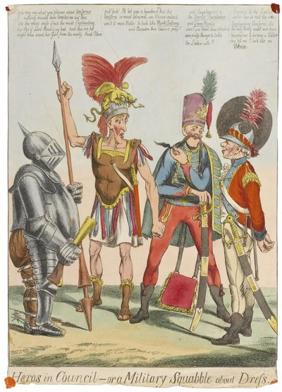 "Heros in Council - or a Military Squabble about Dress", c.1820 (gravura colorida) de English School