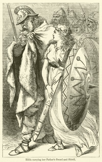 Hilda com a espada e o escudo do seu pai (gravura) de English School