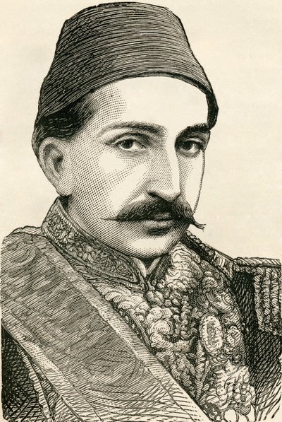 Sua Majestade Imperial, O Sultão Abdulhamid II, Imperador dos Ottomons, Califa dos Fiéis, de "Os Habitantes do Mundo" por GT Bettany, publicado em 1888 de English School