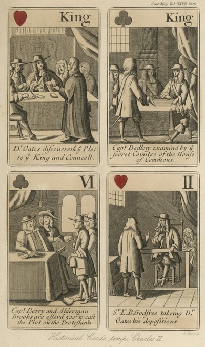 Cartas de jogar históricas relacionando a história do rei Carlos II de English School