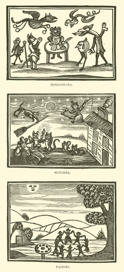 Hobgoblins, bruxas, fadas (xilogravura) de English School