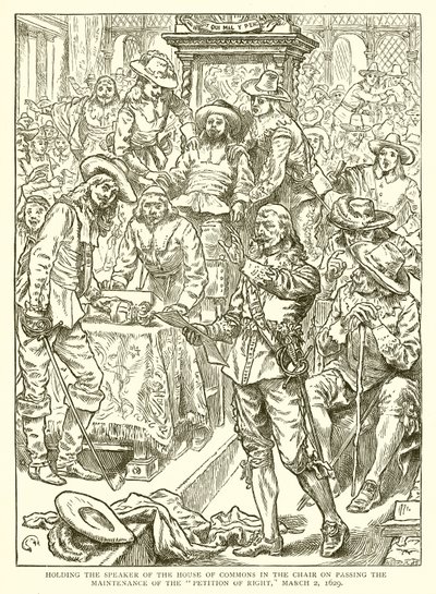A posse do presidente da Câmara dos Comuns na presidência sobre a aprovação da manutenção da petição de direito, 2 de março de 1629 de English School